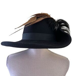 Sylvia Black Vintage Wool Felt Hat with with Feather Detail